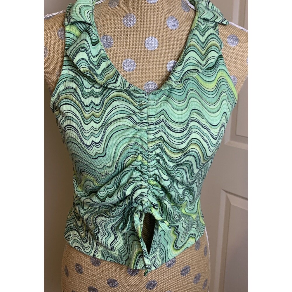 Y2K RUE 21 Tank Top Crop Print Pattern Womens XL Open Front Tie Fitted Fairy